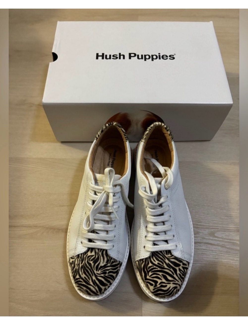 Hush Puppies White Leather Sneakers with Zebra-Print Toe
